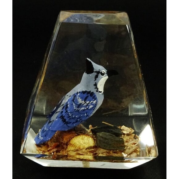 Vintage MCM Blue Jay Bird Clear Lucite Prism Paperweight - Picture 6 of 11